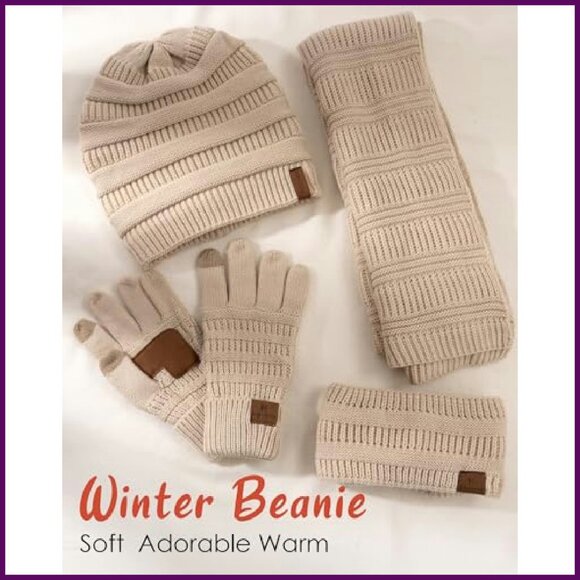 Fleece Lined Winter Set Beanie Scarf Gloves Headband 4-Piece - Picture 4 of 7